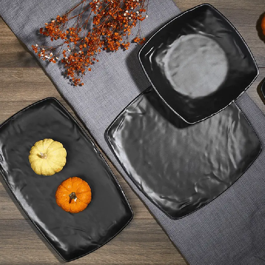 Külsan M7437.BL Carre Matt siyah mat kırılmaz melamin geniş dikdörtgen tabak (23.5x37 cm).