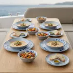 Ahşap tekne masasında çorba, deniz ürünleri ikramları ve salata kasesiyle sunulan mavi yaprak motifli kırılmaz melamin 16 parça Selva Blue (501216) yemek takımı seti.