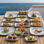 Ahşap tekne masasında zengin meze, deniz ürünleri, burger ve ikramlıklarla sunulan mavi yaprak motifli kırılmaz melamin 16 parça Selva Blue (501316) kare ve kayık sunum seti.