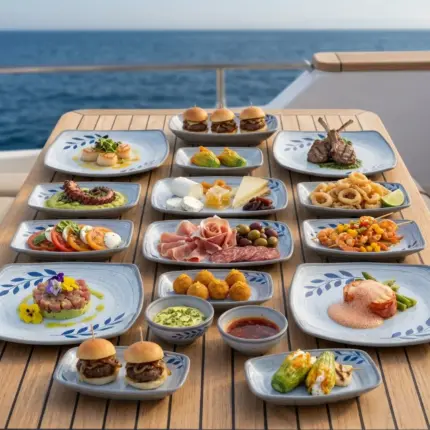 Ahşap tekne masasında zengin meze, deniz ürünleri, burger ve ikramlıklarla sunulan mavi yaprak motifli kırılmaz melamin 16 parça Selva Blue (501316) kare ve kayık sunum seti.