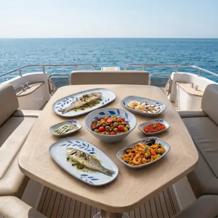 Ahşap tekne masasında ızgara balık, paella, meze ve salata ikramlarıyla sunulan mavi yaprak motifli kırılmaz melamin 7 parça Selva Blue (501407) kayık sunum seti.