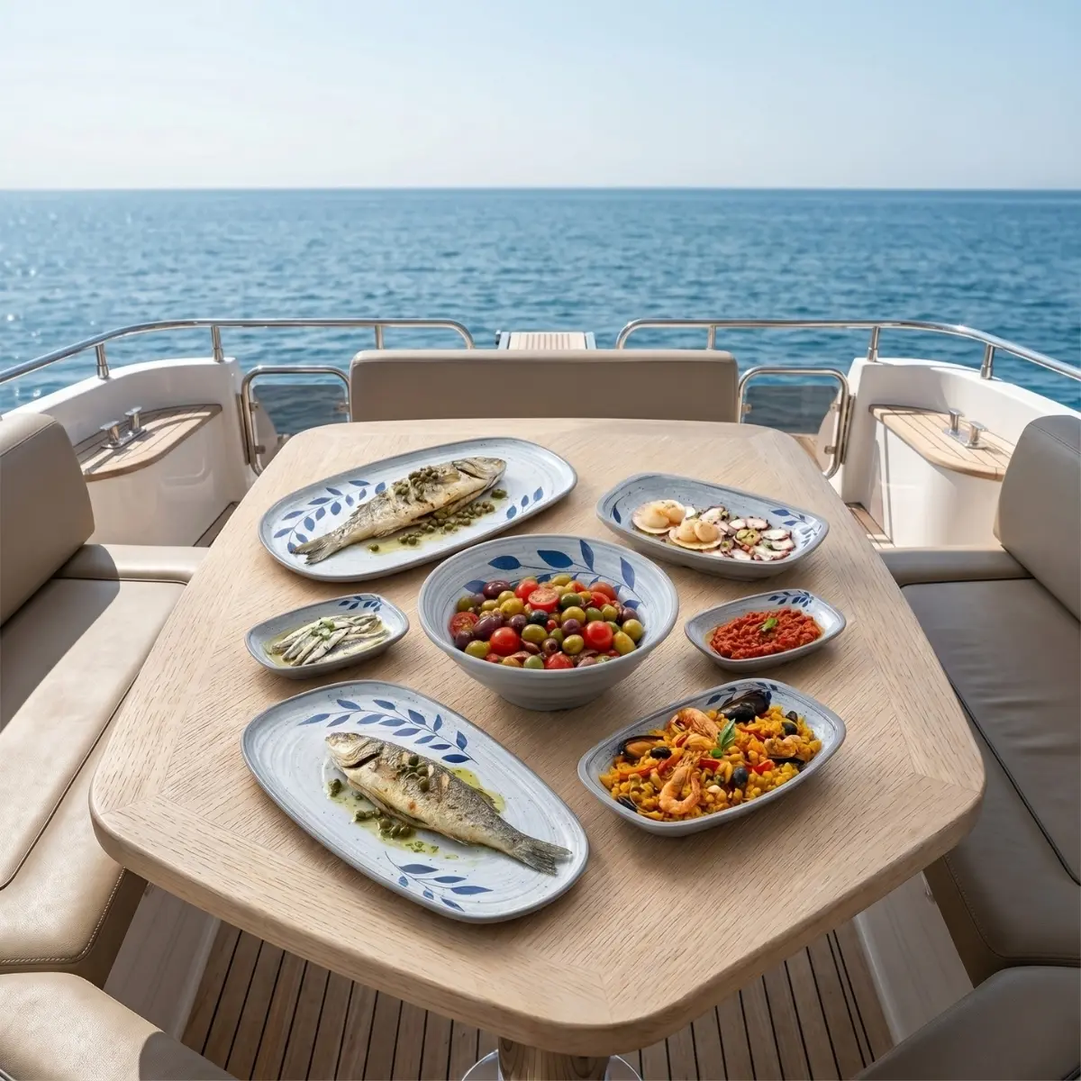 Selva Blue Kırılmaz Melamin 7 Parça Balık ve Meze Sunum Seti – Çanta Hediyeli Ahşap tekne masasında ızgara balık, paella, meze ve salata ikramlarıyla sunulan mavi yaprak motifli kırılmaz melamin 7 parça Selva Blue (501407) kayık sunum seti.