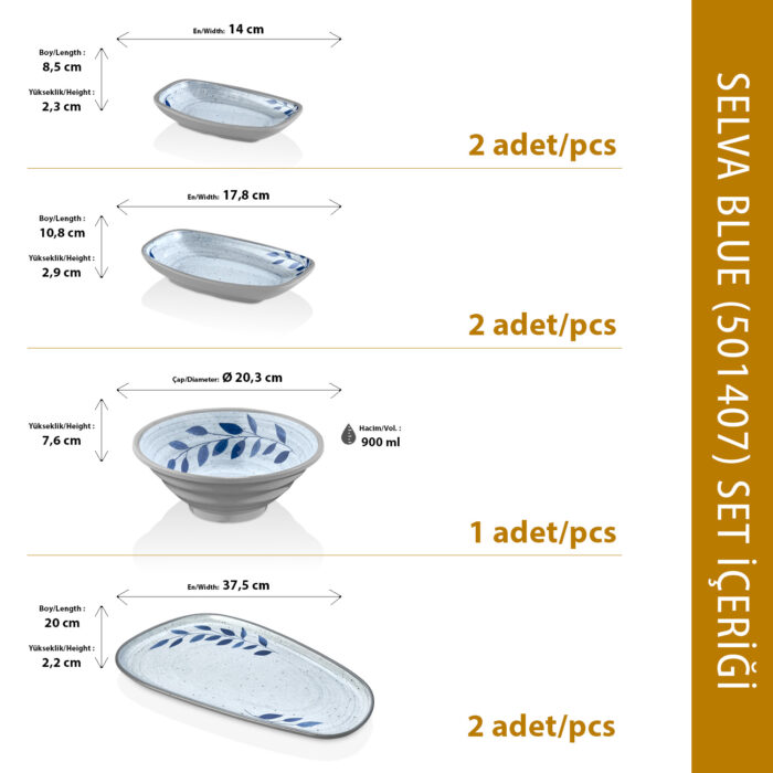 Ahşap tekne masasında ızgara balık, paella, meze ve salata ikramlarıyla sunulan mavi yaprak motifli kırılmaz melamin 7 parça Selva Blue (501407) kayık sunum seti.