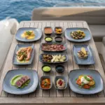 Ahşap tekne masasında deniz ürünleri, tuna tataki,