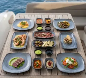 Ahşap tekne masasında deniz ürünleri, tuna tataki,