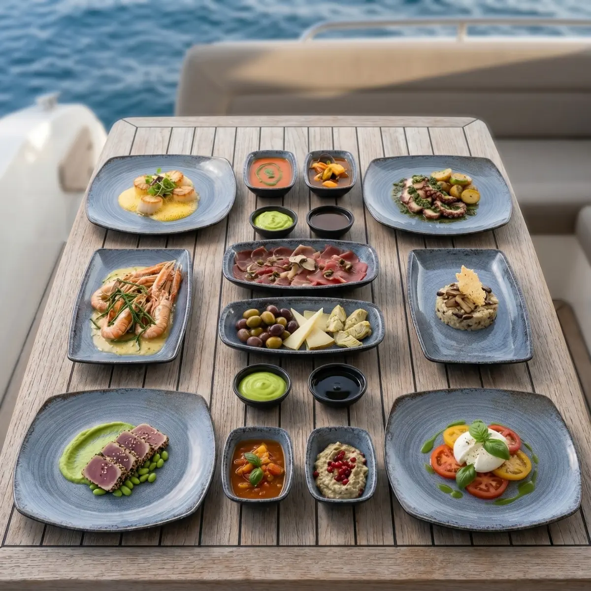 Blue Nebula Kırılmaz Melamin 16 Parça Meze ve Sunum Takımı Seti – Çanta Hediyeli Ahşap tekne masasında deniz ürünleri, tuna tataki,