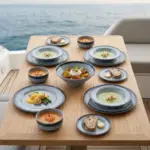Ahşap tekne masasında çorba, deniz ürünleri ve salata ikramlarıyla sunulan açık gri kuvars mermer dokulu kırılmaz melamin 17 parça Grey Quartz yemek takımı seti.