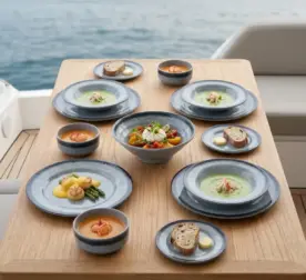 Ahşap tekne masasında çorba, deniz ürünleri ve salata ikramlarıyla sunulan açık gri kuvars mermer dokulu kırılmaz melamin 17 parça Grey Quartz yemek takımı seti.