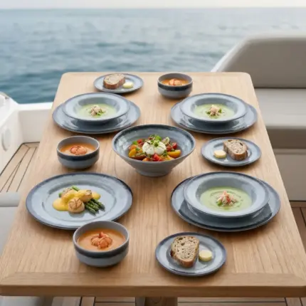 Ahşap tekne masasında çorba, deniz ürünleri ve salata ikramlarıyla sunulan açık gri kuvars mermer dokulu kırılmaz melamin 17 parça Grey Quartz yemek takımı seti.