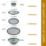 Ahşap tekne masasında çorba, deniz ürünleri ve salata ikramlarıyla sunulan açık gri kuvars mermer dokulu kırılmaz melamin 17 parça Grey Quartz yemek takımı seti.