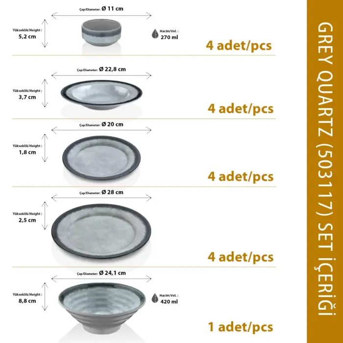 Ahşap tekne masasında çorba, deniz ürünleri ve salata ikramlarıyla sunulan açık gri kuvars mermer dokulu kırılmaz melamin 17 parça Grey Quartz yemek takımı seti.