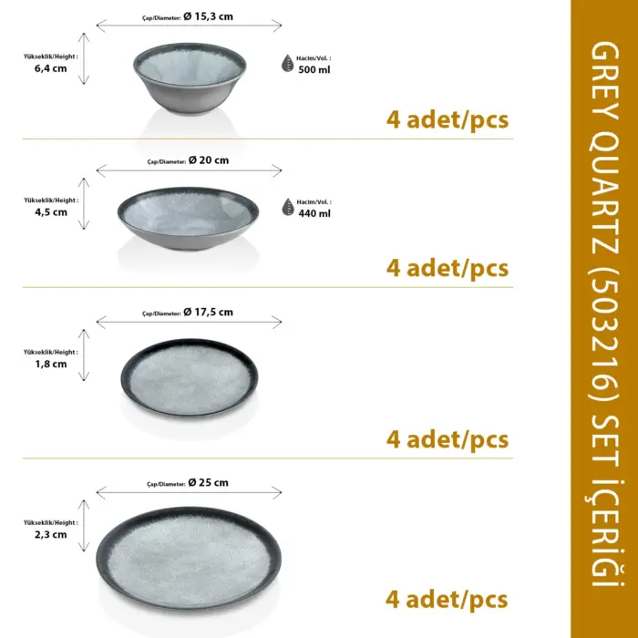 Grey Quartz 16 Parça Yemek Takımı, Çanta Hediyeli, Thermoset Melamin - Görsel 2