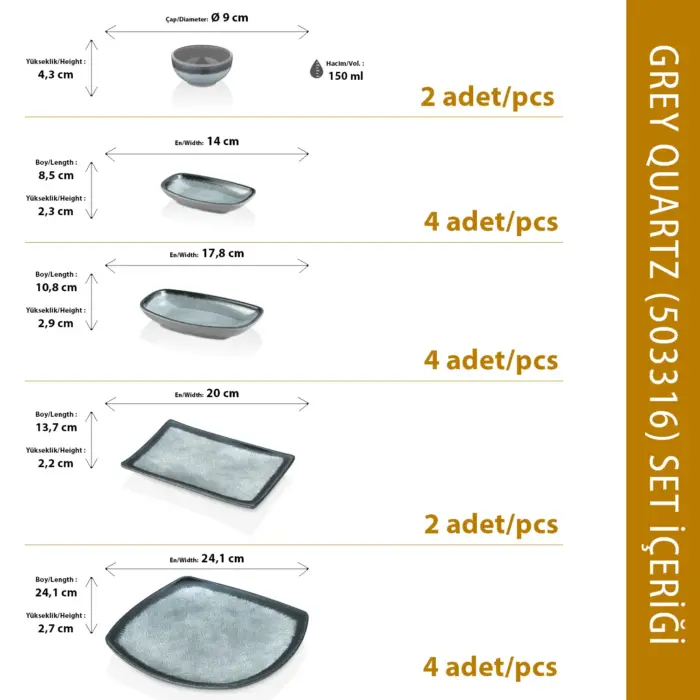 Ahşap tekne masasında istiridye, ızgara ahtapot, balık, şarküteri ve deniz ürünleri ikramlarıyla sunulan açık gri kuvars mermer dokulu kırılmaz melamin 16 parça Grey Quartz (503316) kare ve kayık sunum seti.