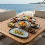 Ahşap tekne masasında deniz tarağı, ızgara ahtapot, ıstakoz salatası, şarküteri ve gurme mezelerle sunulan açık gri kuvars mermer dokulu kırılmaz melamin 7 parça Grey Quartz (503407) kayık sunum seti.