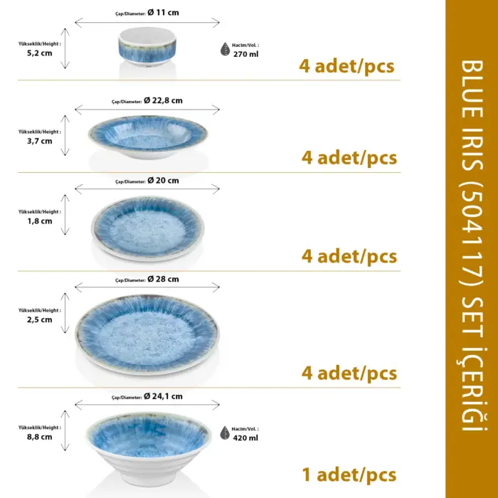 Ahşap tekne masasında çorba, balık ve salata ikramlarıyla sunulan canlı mavi iris reaktif sir efektli kırılmaz melamin 17 parça Blue Iris yemek takımı seti.