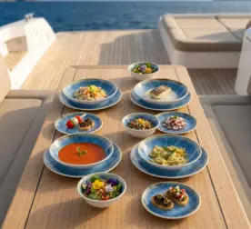 Ahşap tekne masasında çorba, balık, makarna, meze ve salata ikramlarıyla sunulan canlı mavi iris reaktif sir efektli kırılmaz melamin 16 parça Blue Iris (504216) yemek takımı seti.