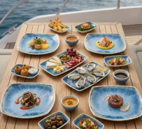 Ahşap tekne masasında istiridye, deniz ürünleri, tartar, şarküteri ve gurme mezelerle sunulan açık mavi iris reaktif sir efektli kırılmaz melamin 16 parça Blue Iris (504316) kare ve kayık sunum seti.
