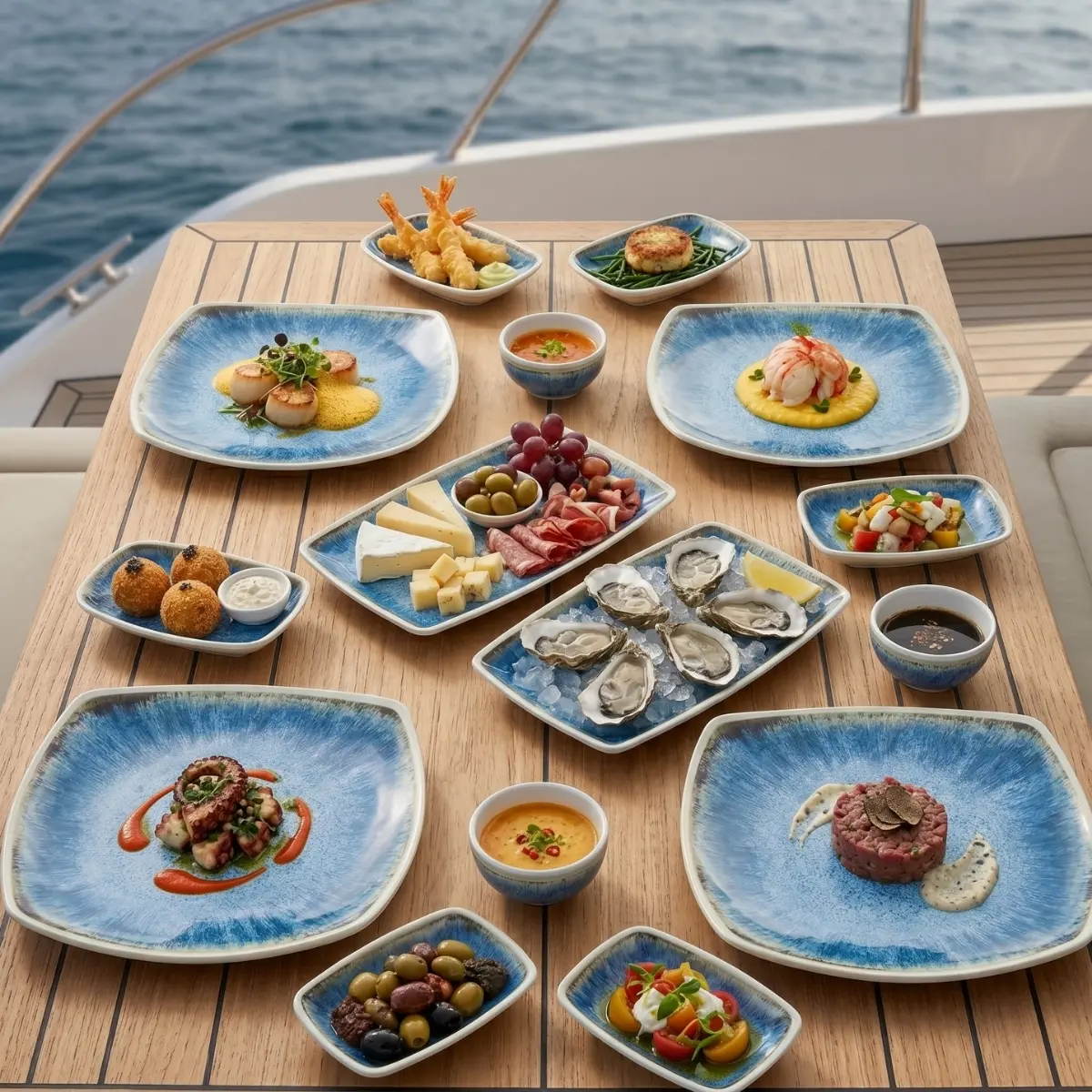 Blue Iris Kırılmaz Melamin 16 Parça Meze ve Sunum Takımı Seti – Çanta Hediyeli Ahşap tekne masasında istiridye, deniz ürünleri, tartar, şarküteri ve gurme mezelerle sunulan açık mavi iris reaktif sir efektli kırılmaz melamin 16 parça Blue Iris (504316) kare ve kayık sunum seti.