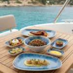 Ahşap tekne masasında ızgara ahtapot, deniz tarağı, burrata salatası, tartar ve gurme mezelerle sunulan açık mavi iris reaktif sir efektli kırılmaz melamin 7 parça Blue Iris (504407) kayık sunum seti.