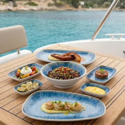 Ahşap tekne masasında ızgara ahtapot, deniz tarağı, burrata salatası, tartar ve gurme mezelerle sunulan açık mavi iris reaktif sir efektli kırılmaz melamin 7 parça Blue Iris (504407) kayık sunum seti.