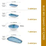 Ahşap tekne masasında ızgara ahtapot, deniz tarağı, burrata salatası, tartar ve gurme mezelerle sunulan açık mavi iris reaktif sir efektli kırılmaz melamin 7 parça Blue Iris (504407) kayık sunum seti.