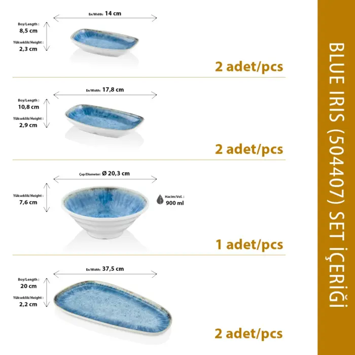 Ahşap tekne masasında ızgara ahtapot, deniz tarağı, burrata salatası, tartar ve gurme mezelerle sunulan açık mavi iris reaktif sir efektli kırılmaz melamin 7 parça Blue Iris (504407) kayık sunum seti.