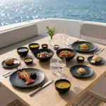 Ahşap tekne masasında ıstakoz, çorba, salata ve ekmek ikramlarıyla sunulan mat siyah döküm taş efektli kırılmaz melamin 8 parça Obsidian (M501108) 2 kişilik yemek takımı seti.