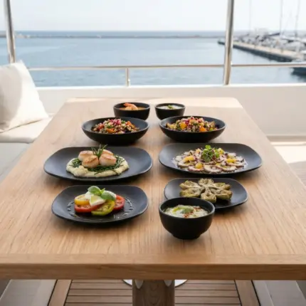 Ahşap tekne masasında deniz tarağı, ızgara ahtapot, caprese salatası ve enginar ikramlarıyla sunulan mat siyah döküm taş efektli kare kırılmaz melamin 8 parça Obsidian (M501208) 2 kişilik yemek takımı seti.