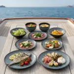 Ahşap tekne masasında ızgara balık, carpaccio, caprese salatası ve mezelerle sunulan yeşil mineral reaktif taş efektli kırılmaz melamin 8 parça Green Minerra (M502108) 2 kişilik yemek takımı seti.