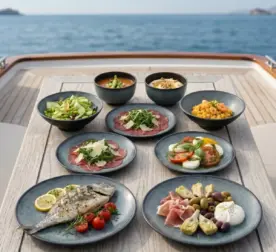 Ahşap tekne masasında ızgara balık, carpaccio, caprese salatası ve mezelerle sunulan yeşil mineral reaktif taş efektli kırılmaz melamin 8 parça Green Minerra (M502108) 2 kişilik yemek takımı seti.