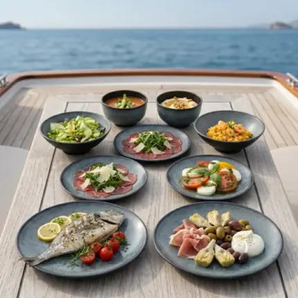 Ahşap tekne masasında ızgara balık, carpaccio, caprese salatası ve mezelerle sunulan yeşil mineral reaktif taş efektli kırılmaz melamin 8 parça Green Minerra (M502108) 2 kişilik yemek takımı seti.