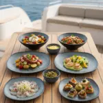Ahşap tekne masasında ızgara ahtapot, deniz tarağı, burrata salatası, carpaccio ve kanape ikramlarıyla sunulan yeşil mineral reaktif taş efektli kırılmaz melamin 8 parça Green Minerra (M502208) 2 kişilik kare yemek takımı seti.