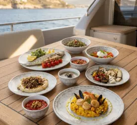 Ahşap tekne masasında ızgara balık, paella, humus, meze ve salata ikramlarıyla sunulan otantik altın-bronz eskitme desenli kırılmaz melamin 8 parça Old Ivory (M503108) 2 kişilik yemek takımı seti.