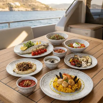 Ahşap tekne masasında ızgara balık, paella, humus, meze ve salata ikramlarıyla sunulan otantik altın-bronz eskitme desenli kırılmaz melamin 8 parça Old Ivory (M503108) 2 kişilik yemek takımı seti.