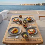 Ahşap tekne masasında ıstakoz, burrata salatası, meze ve sos ikramlarıyla sunulan koyu toprak tonlarında mat kil dokulu kırılmaz melamin 8 parça Velora Clay (M504108) 2 kişilik yemek takımı seti.