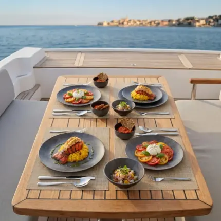 Ahşap tekne masasında ıstakoz, burrata salatası, meze ve sos ikramlarıyla sunulan koyu toprak tonlarında mat kil dokulu kırılmaz melamin 8 parça Velora Clay (M504108) 2 kişilik yemek takımı seti.