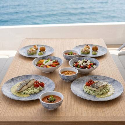 Ahşap tekne masasında ızgara balık, burrata salatası, çorba ve tatlı ikramlarıyla sunulan açık gri-mavi bulut mermer dokulu kırılmaz melamin 8 parça Velora Cloud (M506108) 2 kişilik yemek takımı seti.