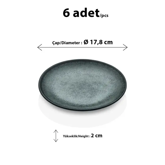 17,8 cm çapında ve 2 cm yüksekliğinde yeşil gri reaktif taş efektli melamin yuvarlak HappyChef 6'lı pasta, tatlı ve meze servis tabağı seti.