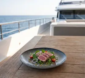 Ahşap tekne masasında mühürlenmiş ton balıklı salata ikramıyla sunulan yeşil mineral reaktif taş efektli kırılmaz melamin Green Minerra 6'lı yuvarlak pasta ve meze tabağı seti (Ø 17,8 cm).