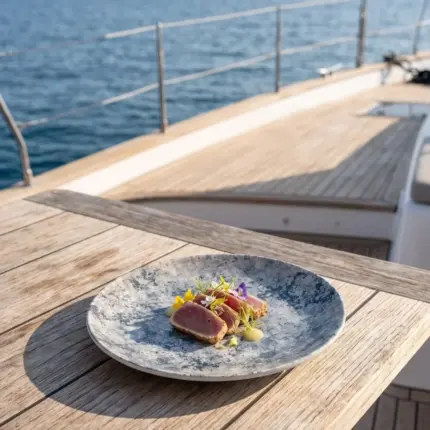 17,8 cm çapında ve 2 cm yüksekliğinde açık gri eskitme beton taş efektli melamin yuvarlak HappyChef 6'lı pasta, tatlı ve meze servis tabağı seti.