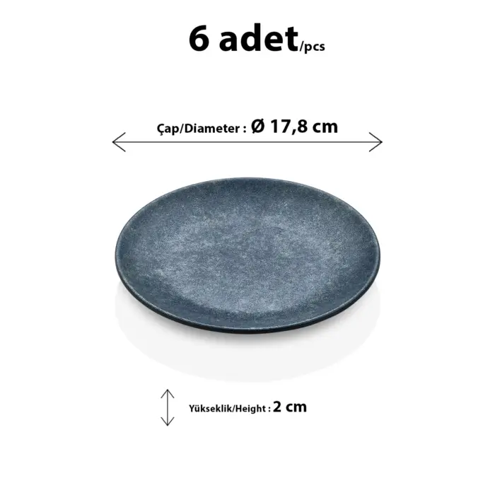 17,8 cm çapında ve 2 cm yüksekliğinde mavi lacivert reaktif taş efektli melamin yuvarlak HappyChef 6'lı pasta, tatlı ve meze servis tabağı seti.