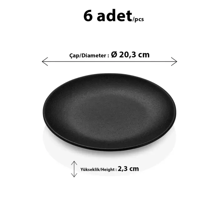 20,3 cm çapında ve 2,3 cm yüksekliğinde mat pütürlü döküm taş efektli siyah melamin yuvarlak HappyChef 6'lı yemek, tatlı ve servis tabağı seti.