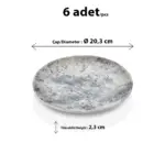 20,3 cm çapında ve 2,3 cm yüksekliğinde açık gri eskitme beton taş efektli melamin yuvarlak HappyChef 6'lı yemek, tatlı ve servis tabağı seti.