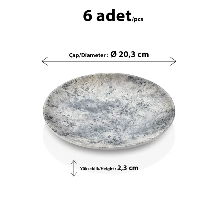 20,3 cm çapında ve 2,3 cm yüksekliğinde açık gri eskitme beton taş efektli melamin yuvarlak HappyChef 6'lı yemek, tatlı ve servis tabağı seti.