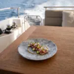 Ahşap tekne masasında taze ton balığı tataki sunumu yapılan 20,3 cm çapında açık gri eskitme beton dokulu melamin HappyChef servis tabağı.