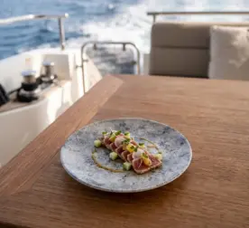 Ahşap tekne masasında taze ton balığı tataki sunumu yapılan 20,3 cm çapında açık gri eskitme beton dokulu melamin HappyChef servis tabağı.