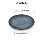 20,3 cm çapında ve 2,3 cm yüksekliğinde mavi lacivert reaktif taş efektli melamin yuvarlak HappyChef 6'lı yemek, tatlı ve servis tabağı seti.