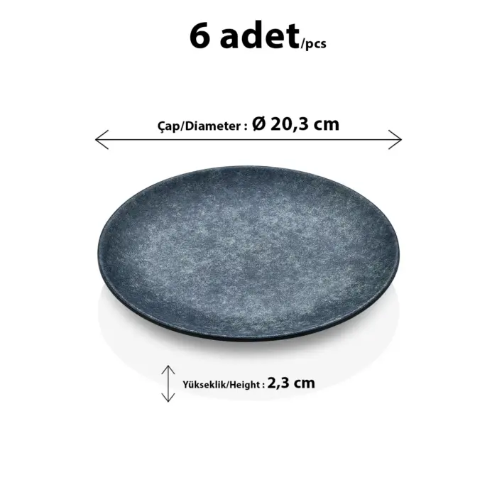 20,3 cm çapında ve 2,3 cm yüksekliğinde mavi lacivert reaktif taş efektli melamin yuvarlak HappyChef 6'lı yemek, tatlı ve servis tabağı seti.