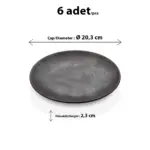 20,3 cm çapında ve 2,3 cm yüksekliğinde mat eskitme taş ve metalik antrasit dokulu melamin yuvarlak HappyChef 6'lı yemek, tatlı ve servis tabağı seti.
