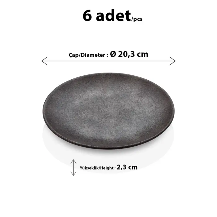 20,3 cm çapında ve 2,3 cm yüksekliğinde mat eskitme taş ve metalik antrasit dokulu melamin yuvarlak HappyChef 6'lı yemek, tatlı ve servis tabağı seti.